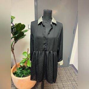 Elegant Black Dress with Patterned Collar